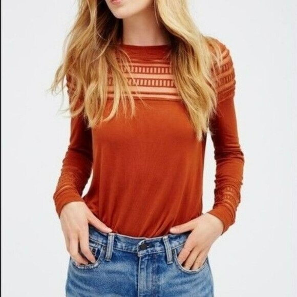 Free People Brown/Orange Mesh Hi-Low Long Sleeve Top - Picture 1 of 6